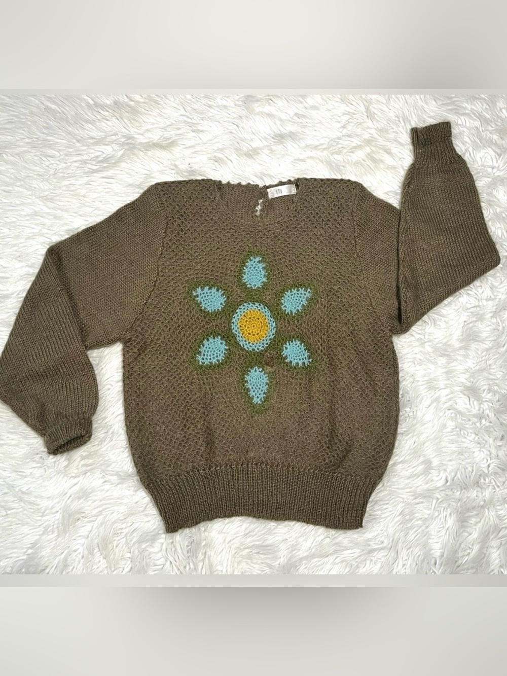 Mu Fashion Women's Floral Sunflower Sweater Olive Green Balloon Sleeves